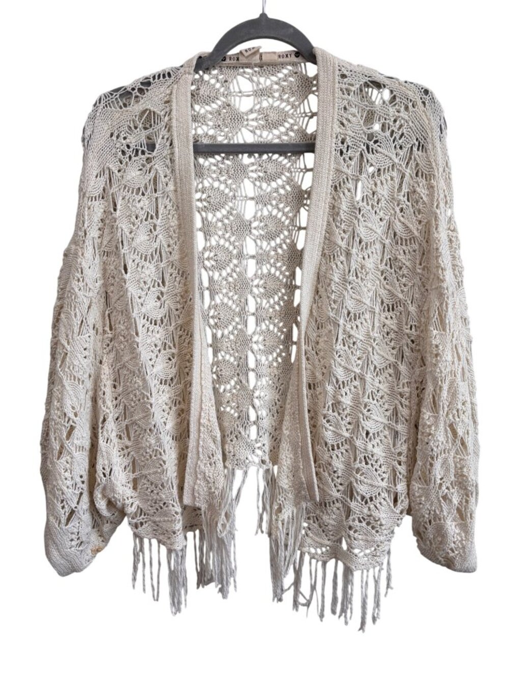 Roxy Beige Crochet Boho Fringe Cardigan With Batwing Sleeves Lightweight M